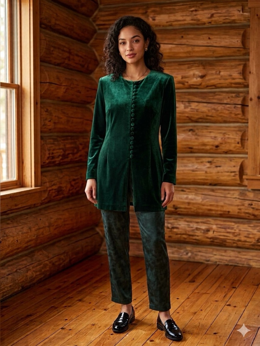 💚J.B.S. Black Velvet Long Sleeve Button-Front Women's Top & matching pants 8P